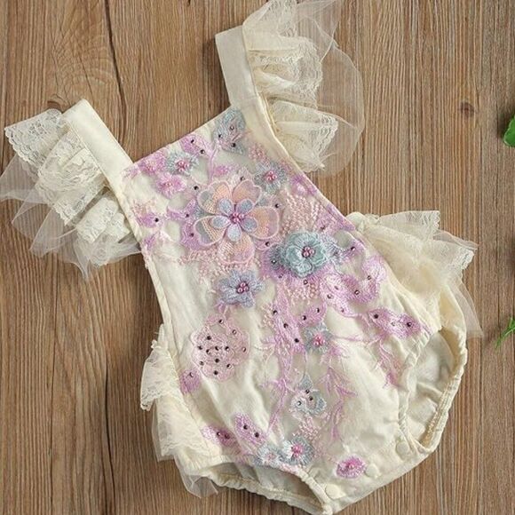 Newborn Infant Baby Girl 3D Flower Crochet Lace Romper Bodysuit Ruffle 12-18 Mon - Picture 1 of 12